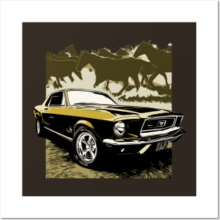 Gold 1968 Ford Mustang with Horses Posters and Art